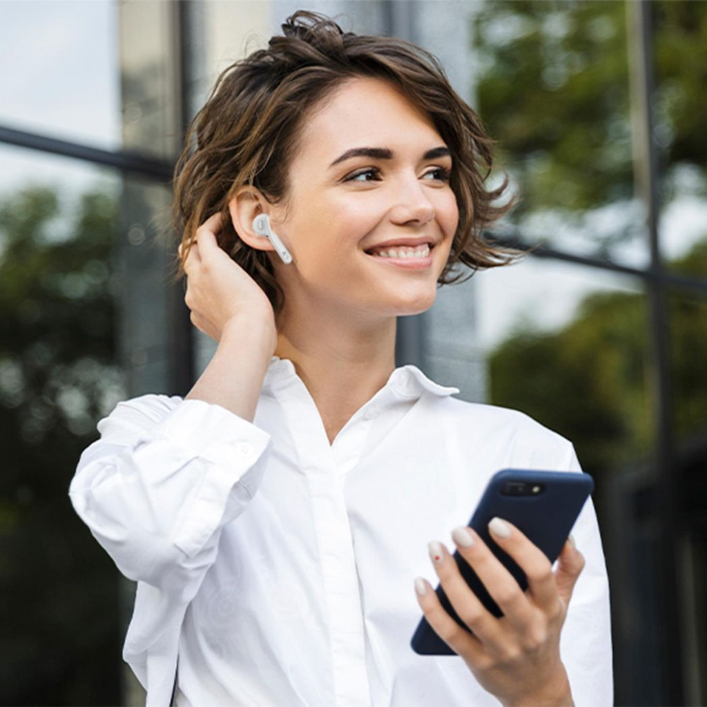 Silver True Wireless Earbuds SZ970 by Aquarius, showcasing a sleek design and compact charging case.