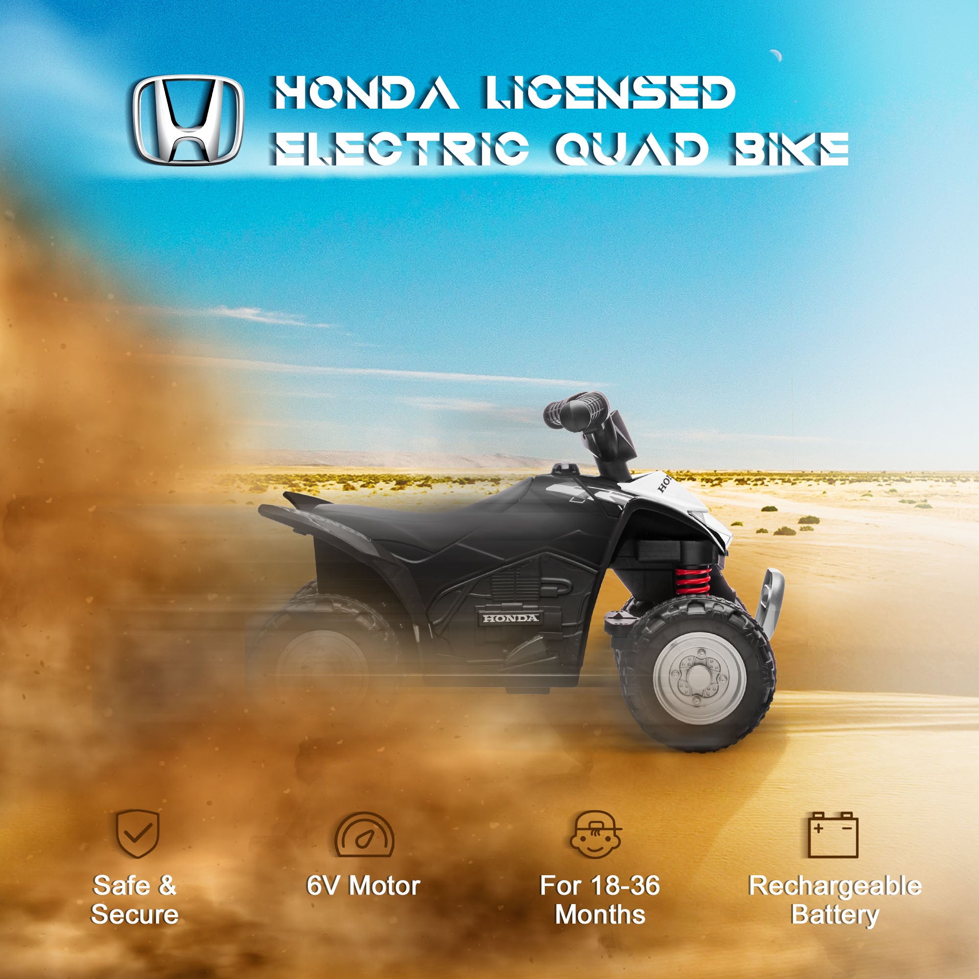 Black Honda licensed kids electric quad bike by HOMCOM for ages 1.5-3, featuring durable design and easy-to-use controls.
