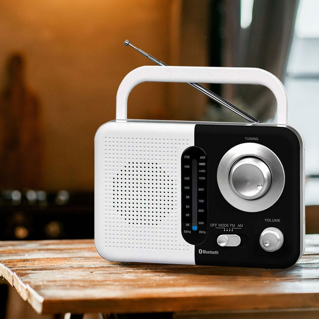 Black and white Soundz AM/FM Bluetooth radio with USB port and SD card slot, featuring an intuitive control panel.