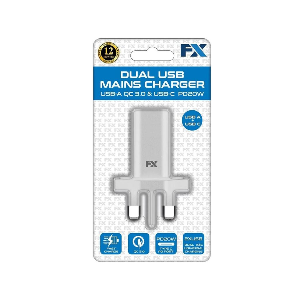 FX TechHub USB-C Mains Charger in white, featuring PD20W fast charging and universal compatibility.