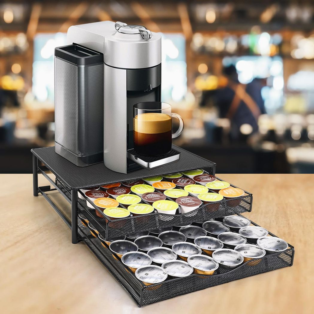 Black double drawer coffee pod storage organizer by HomeCraft, showcasing sleek design and ample storage capacity.