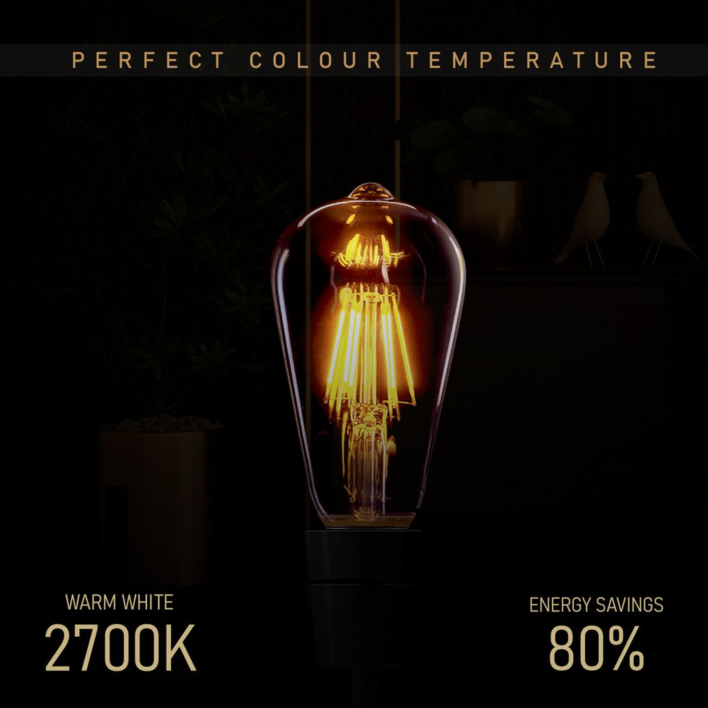 Two Ledsone vintage amber ST64 LED Edison bulbs in E27 base, dimmable, emitting warm 2700K light.