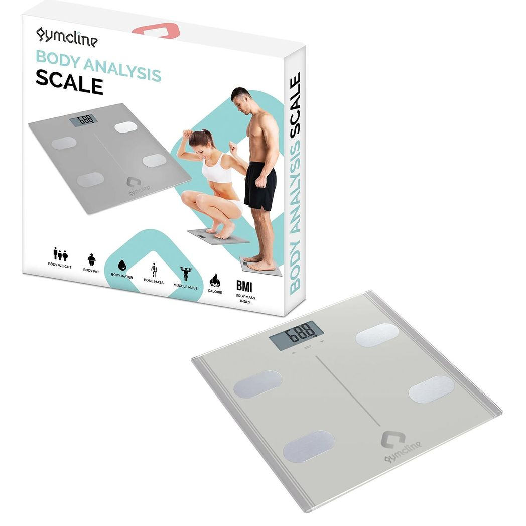 Silver Gymcline Body Analysis Scale displaying BMI report and daily calorie intake guide on a modern bathroom floor.
