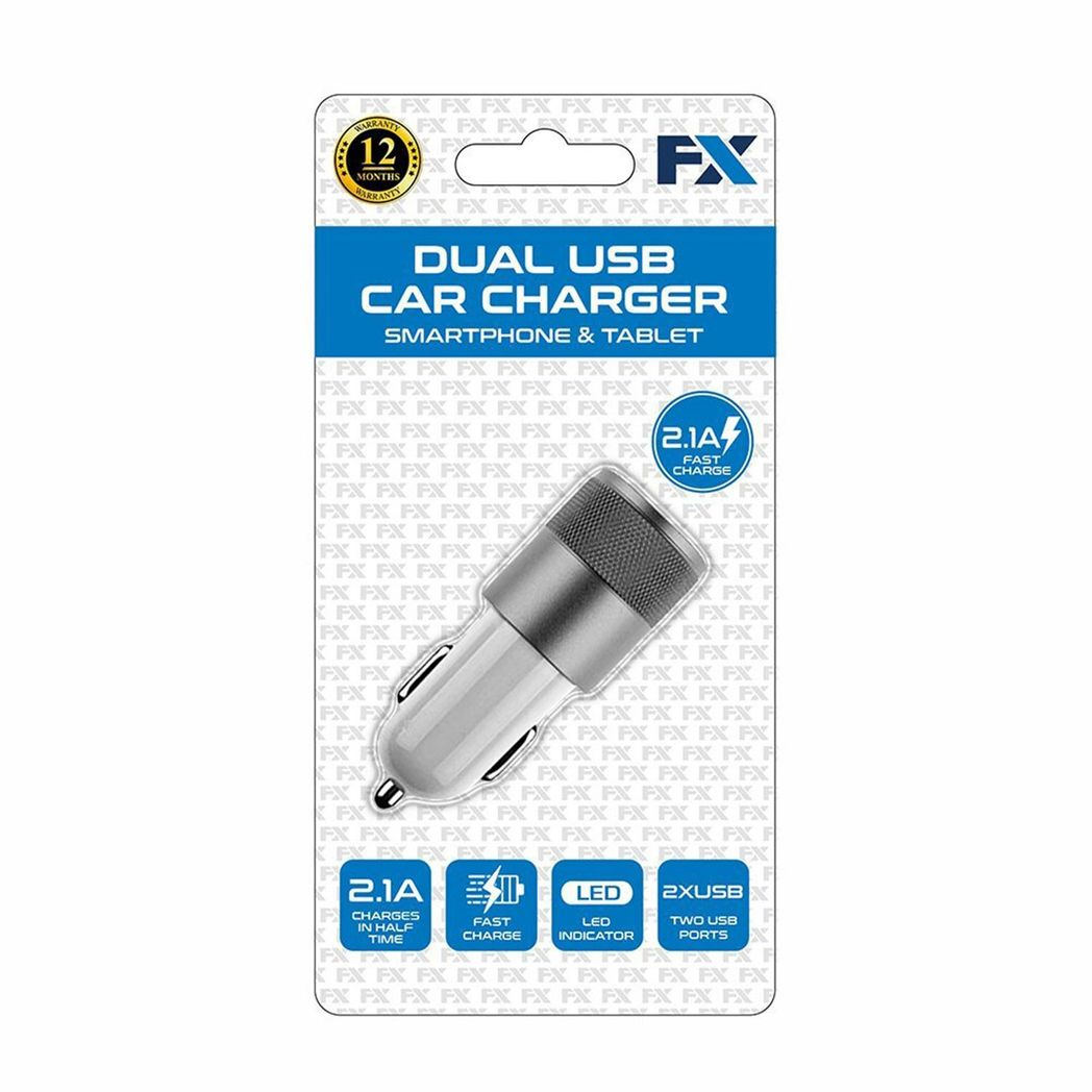 Silver FX TechHub 2.1A twin USB socket universal car charger with dual ports for convenient device charging.