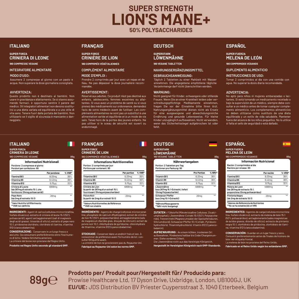 Lions Mane Mushroom supplement capsules by Prowise Healthcare with Vitamin B1, B6, B12, and black pepper displayed in a bottle.