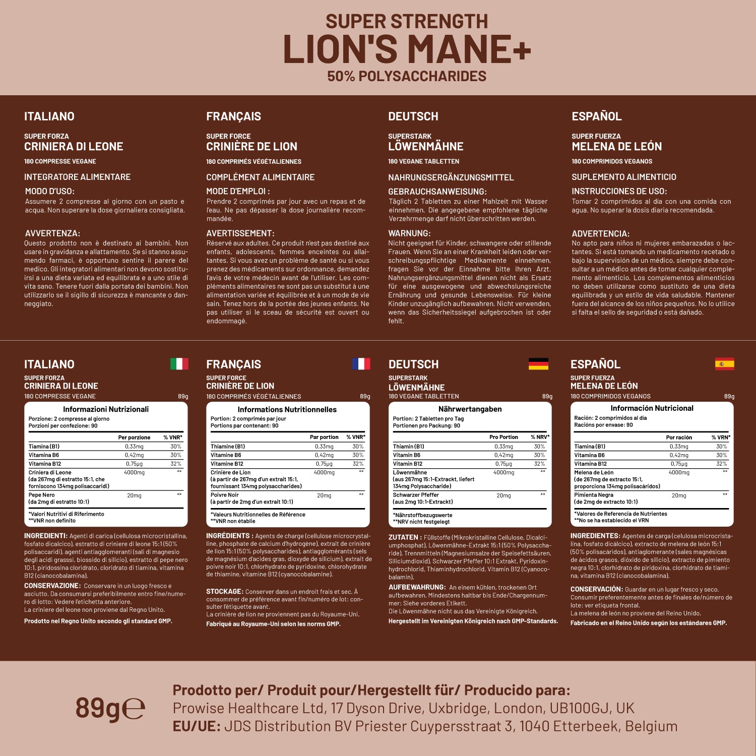 Lions Mane Mushroom supplement capsules by Prowise Healthcare with Vitamin B1, B6, B12, and black pepper displayed in a bottle.