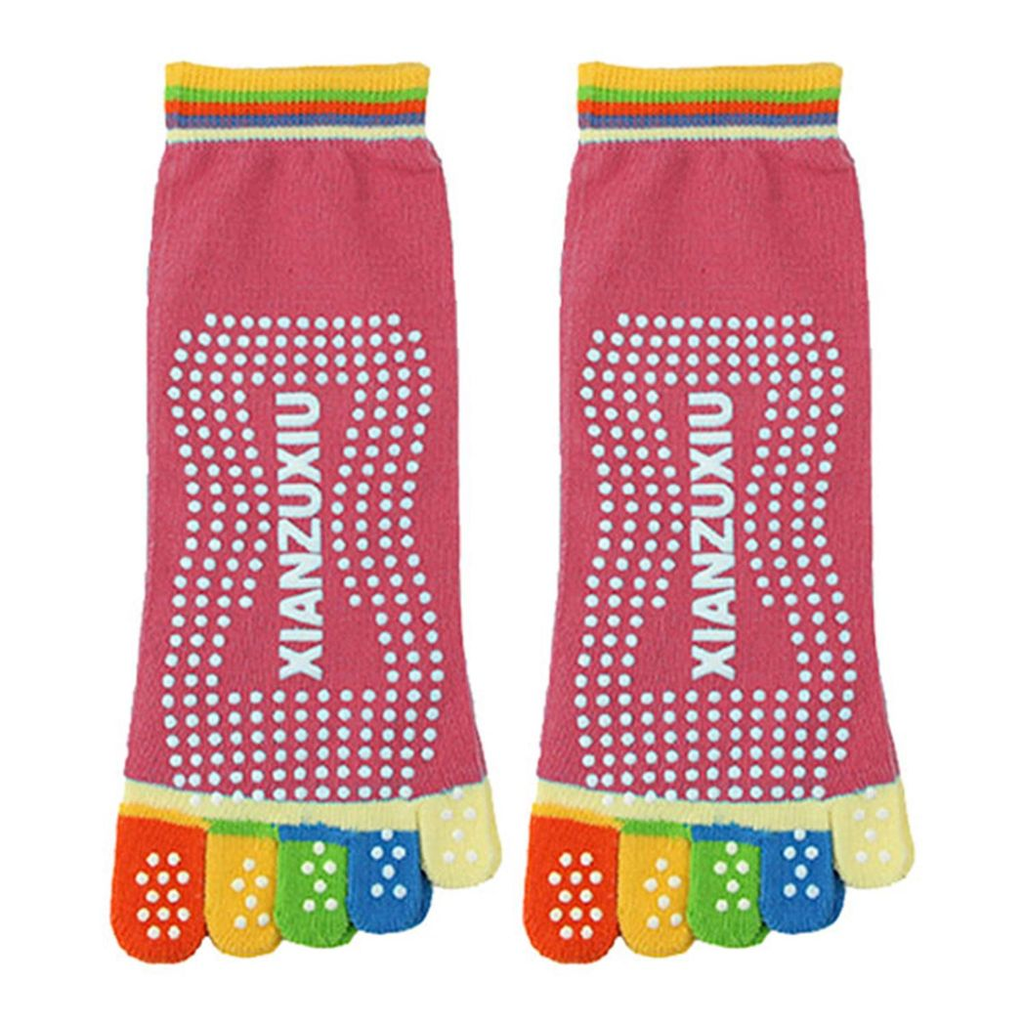 Pink non-slip Pilates yoga socks with full toe design and grips, made of cotton by Aquarius, displayed on a white background.