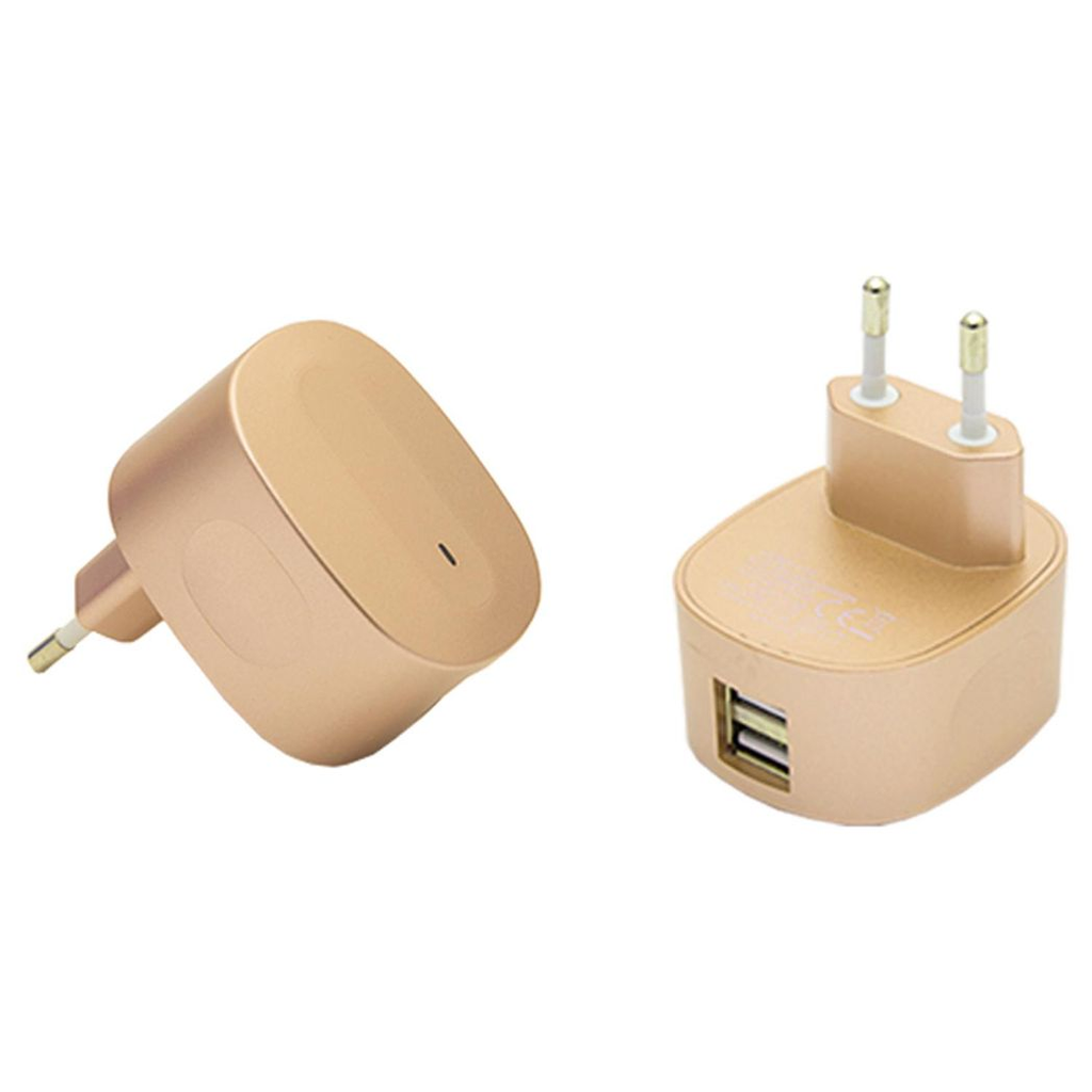 Multicoloured FX TechHub dual USB mains charger with EU plug, showing the gold finish and dual charging ports.