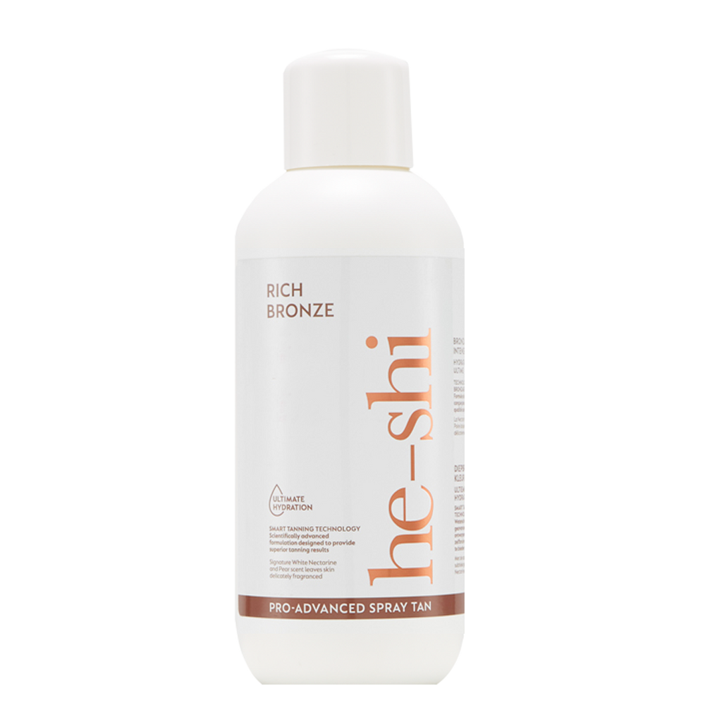 He-Shi Rich Bronze Spraytan 1L bottle with dark formula, featuring a no-smell self-tan design for a natural glow.