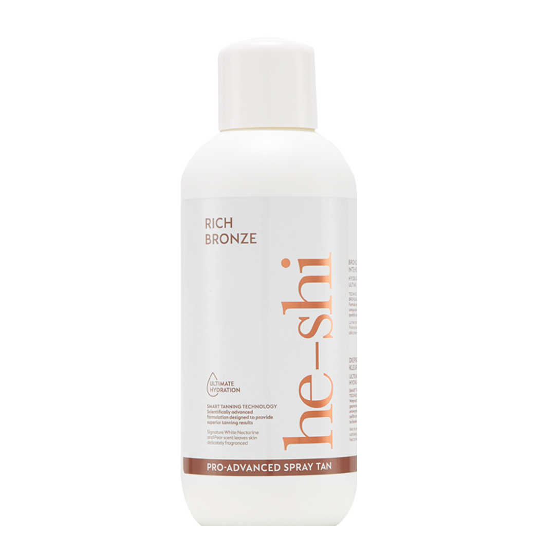 He-Shi Rich Bronze Spraytan 1L bottle with dark formula, featuring a no-smell self-tan design for a natural glow.
