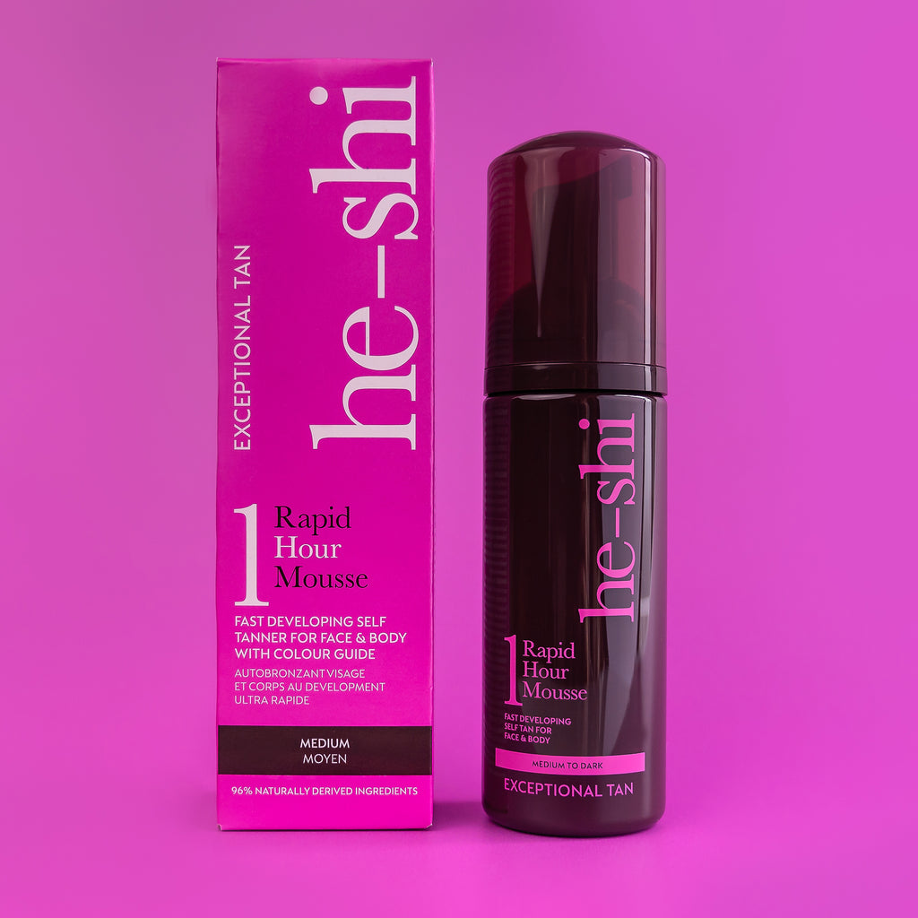 He-Shi Rapid 1 Hour Mousse in Medium to Dark for a quick-drying self-tan, showcasing the product bottle and texture.