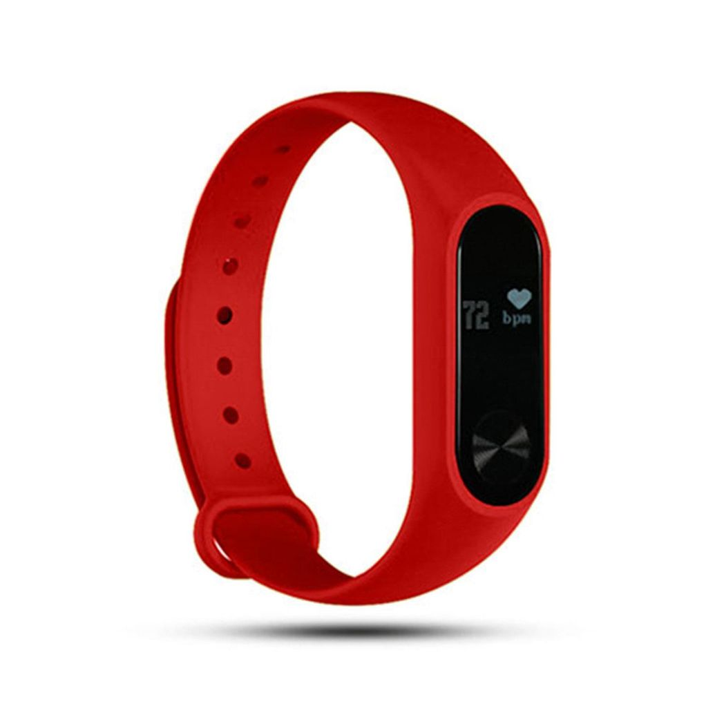 Aquarius AQ112 Fitness Tracker in red with heart rate monitor, displaying fitness stats on a vibrant screen.