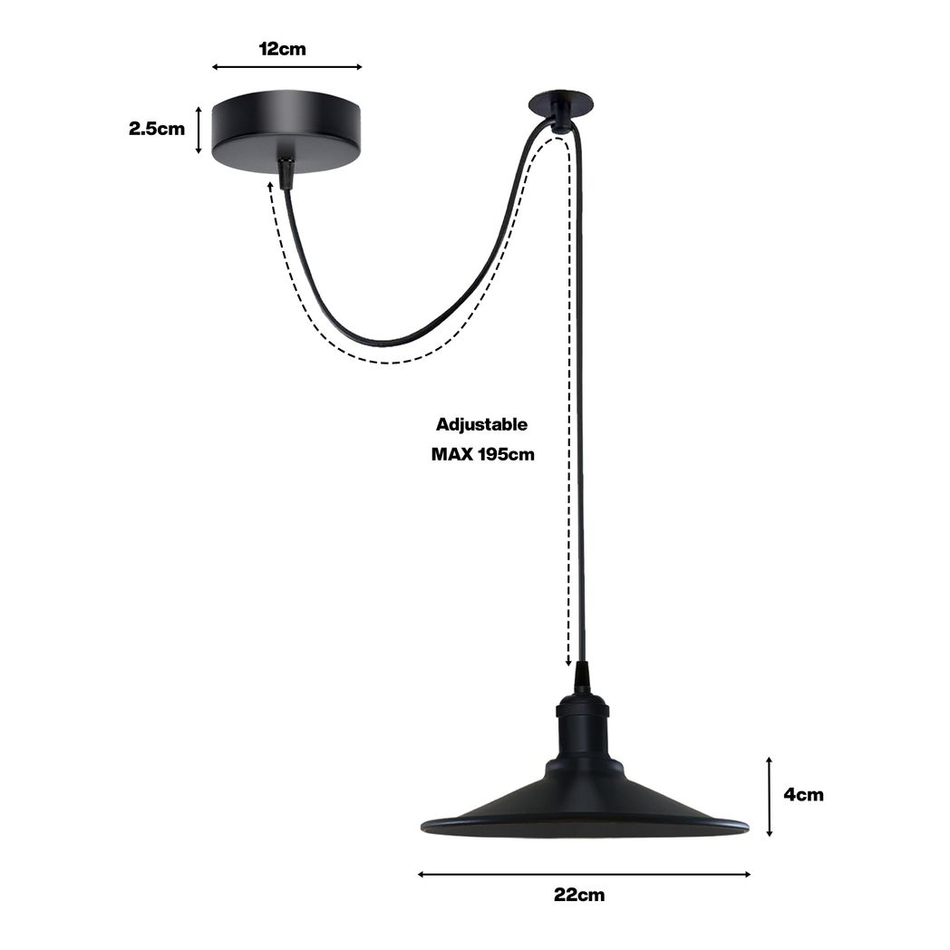 Vintage black metal cone pendant light with adjustable cord and E27 socket, perfect for stylish home decor.