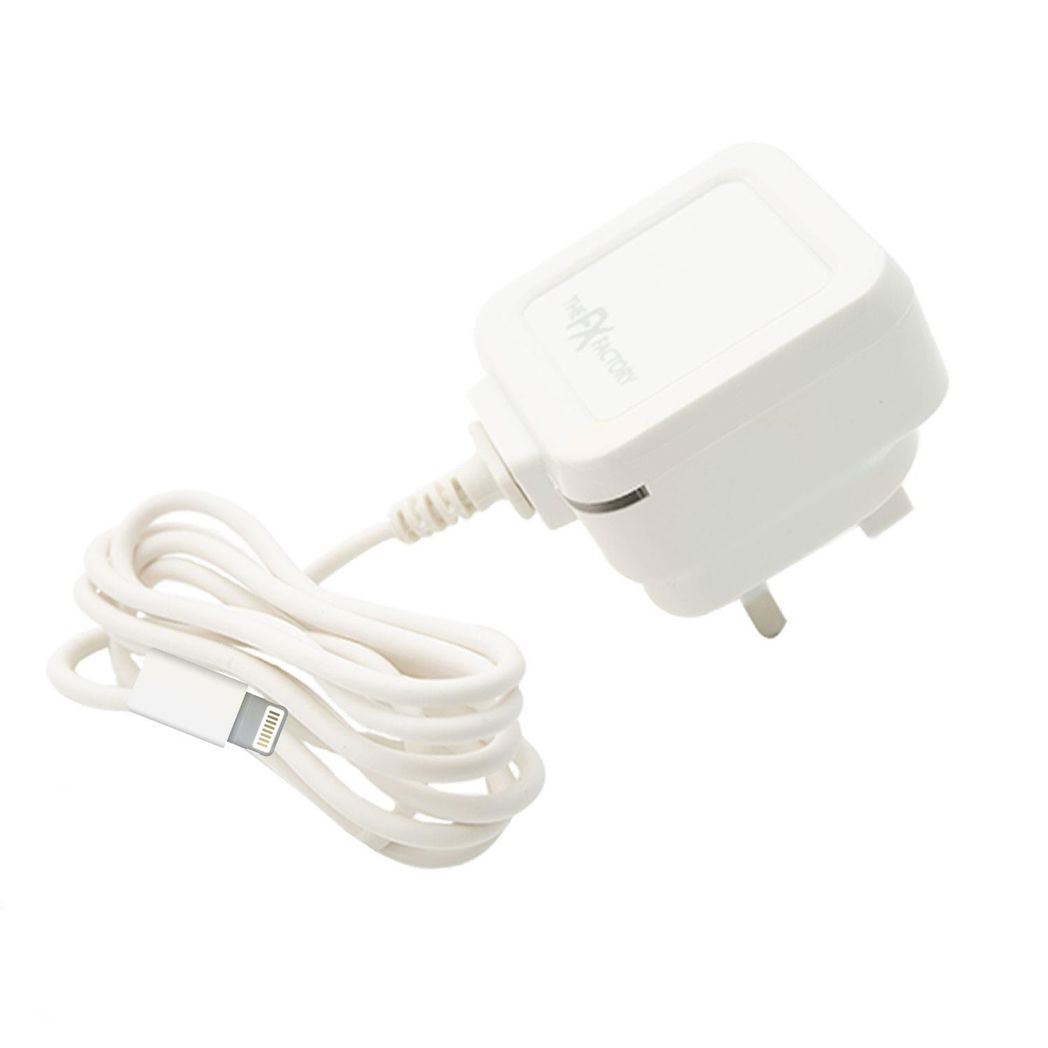 White FX Travel Charger 2.1A with LED indicator, designed for IP devices, showcasing compact and portable design.