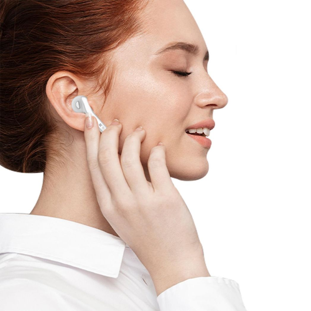 Silver True Wireless Earbuds SZ970 by Aquarius with a sleek design and charging case, set against a neutral background.