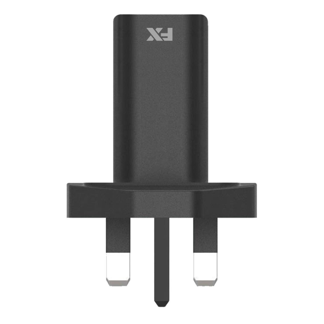 Black FX TechHub USB mains charger 1A, compatible with all USB devices, showcasing a compact design with visible ports.