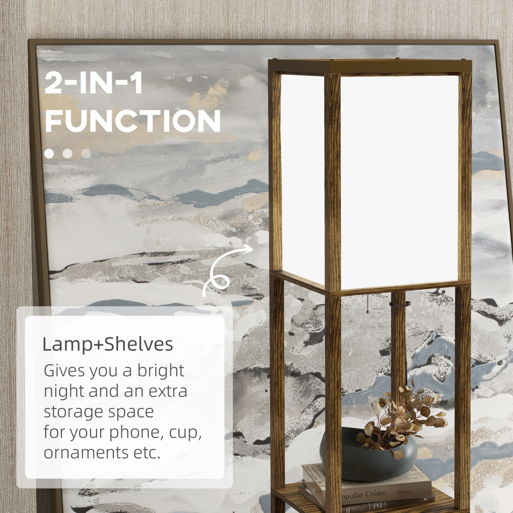 HOMCOM brown shelf floor lamp with dual lights and two display shelves in a cozy living room setting.