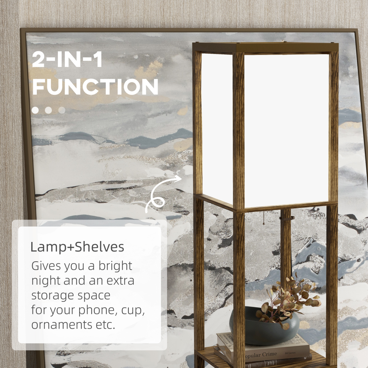 HOMCOM brown shelf floor lamp with dual lights and two display shelves in a cozy living room setting.