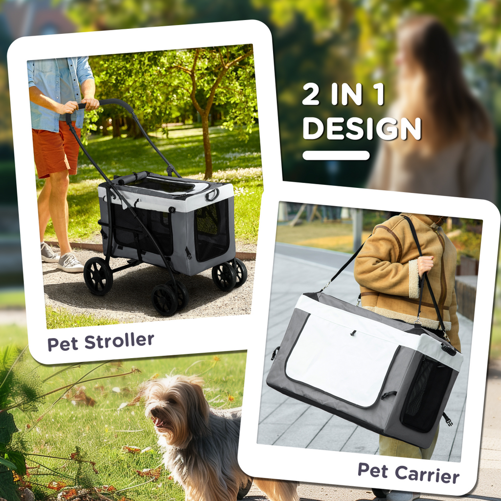 Foldable Pet Stroller with Detachable Carrier & Soft Padding - Grey