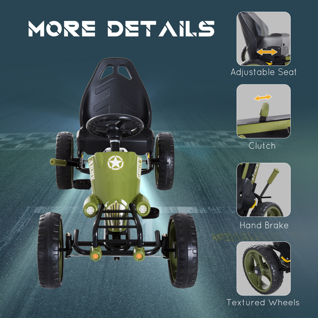 Green FunZone pedal go-kart with hand brake and adjustable seat, designed for ages 3-6 in a racing style.