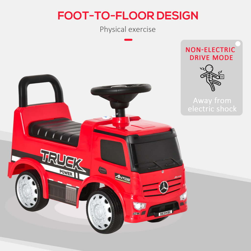 Red HOMCOM 3-in-1 Ride On Car for kids, featuring a Mercedes truck design and storage space for ages 12-36 months.