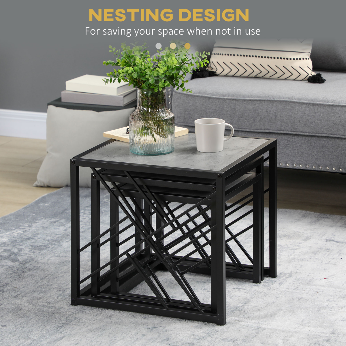 HOMCOM Set of 3 Nesting Coffee Tables Square End Tables w/ Metal Frame, Grey