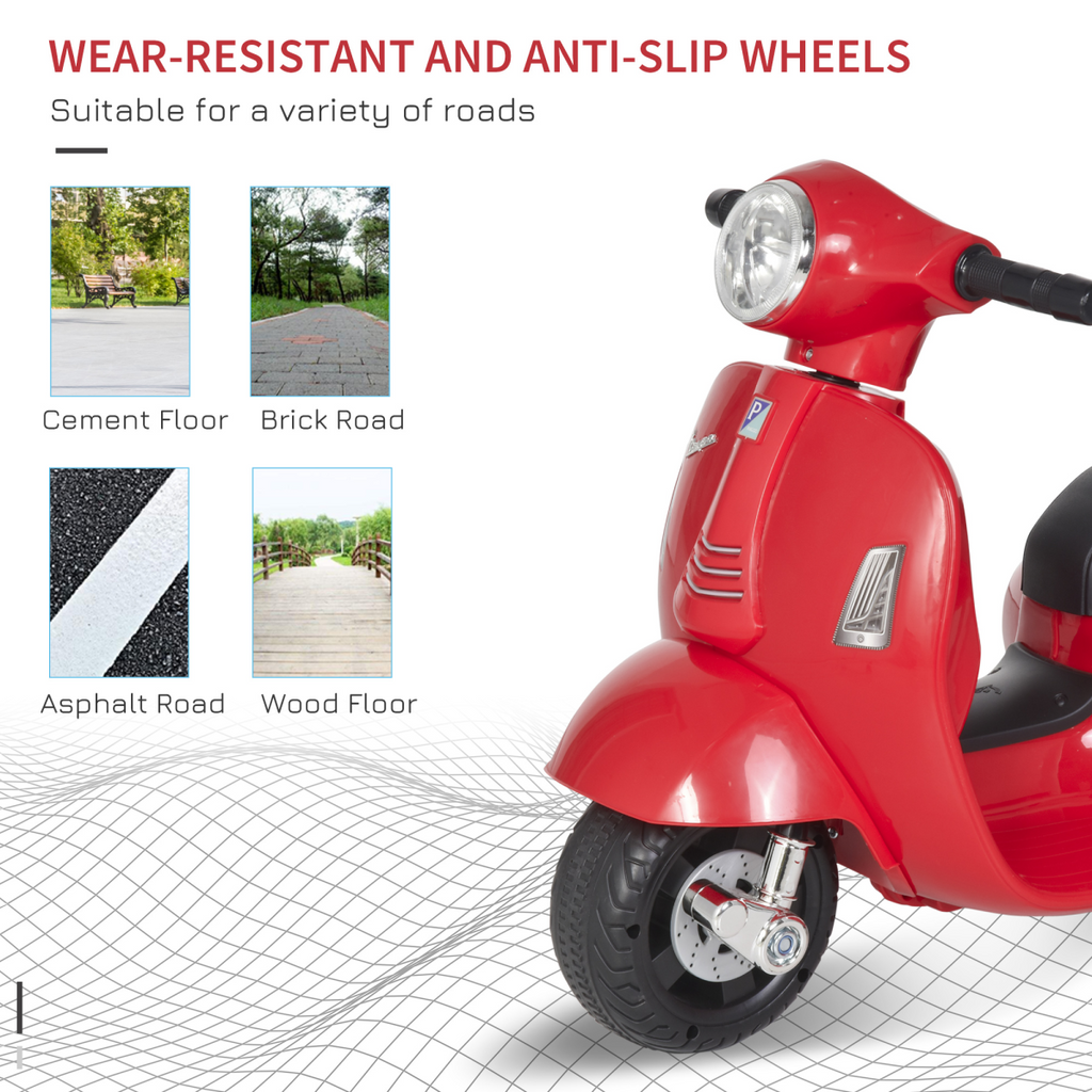 Vespa licensed kids ride-on motorcycle in red, battery-powered with a sleek design for outdoor fun.