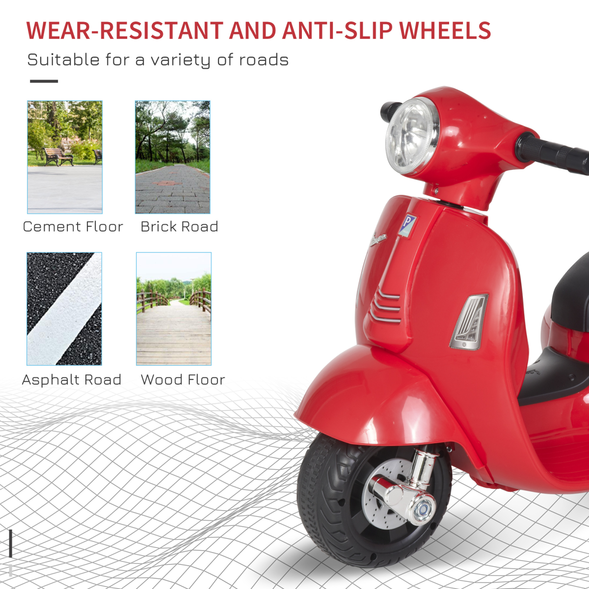 Vespa licensed kids ride-on motorcycle in red, battery-powered with a sleek design for outdoor fun.