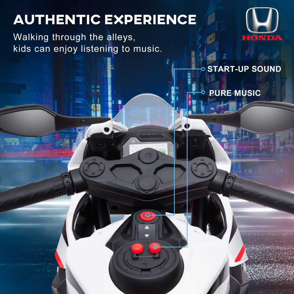 Licensed Honda 6V electric motorbike with training wheels, designed for ages 3-5, in vibrant colors and kid-friendly design.