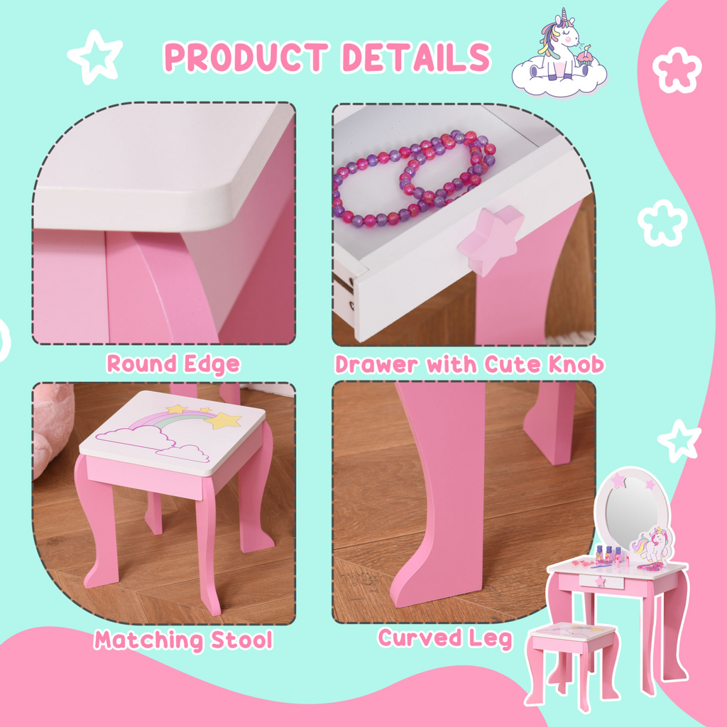 HOMCOM Kids Dressing Table with unicorn design, mirror, and stool, perfect for girls' imaginative play and organization.