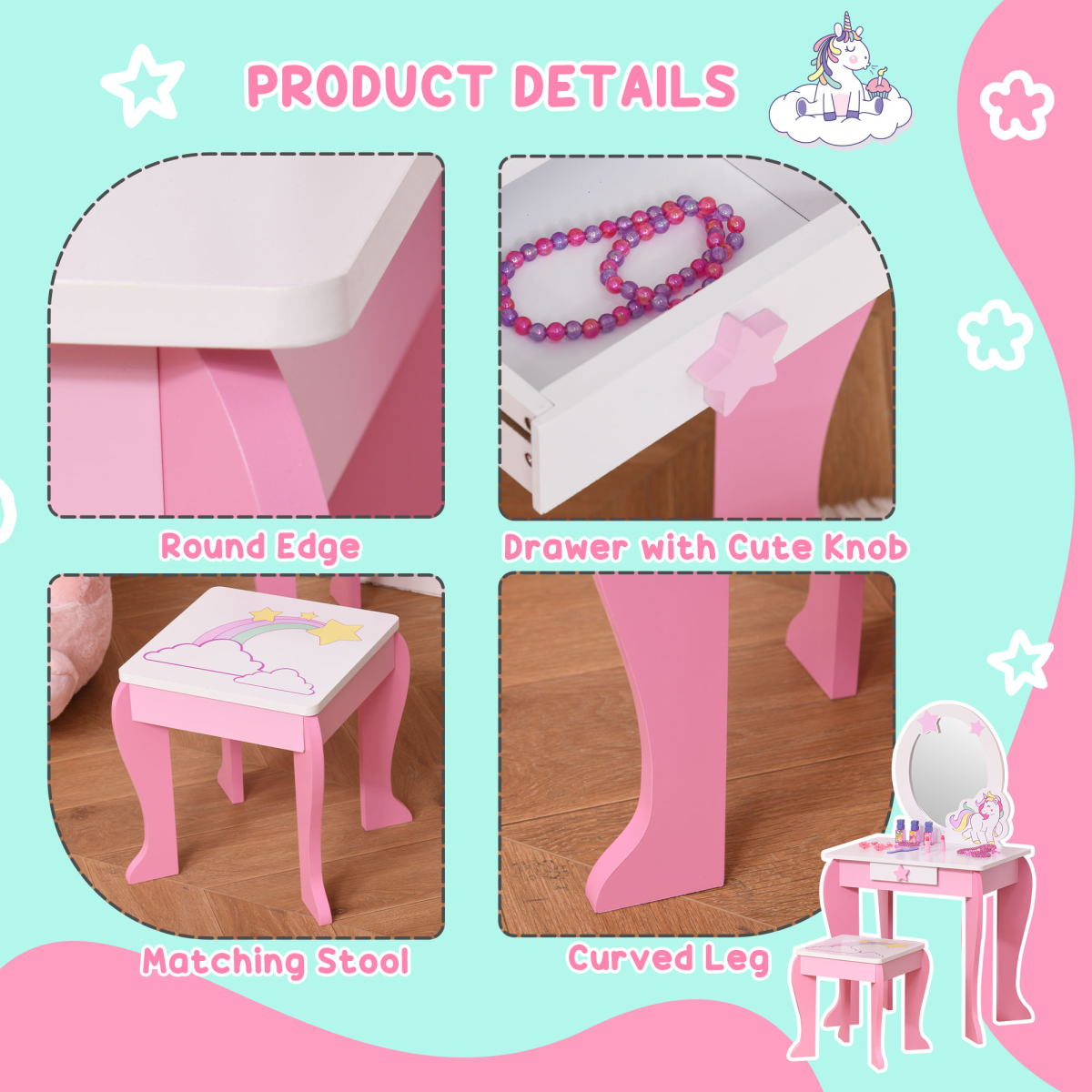 HOMCOM Kids Dressing Table with unicorn design, mirror, and stool, perfect for girls' imaginative play and organization.