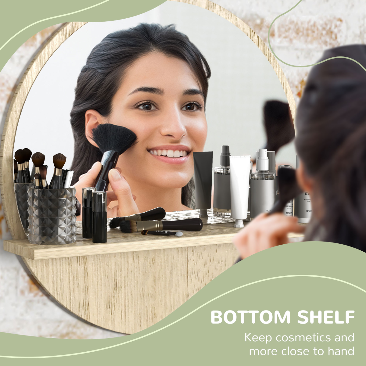 Wall Mounted Bathroom Mirror with Shelf - Round Framed Makeup Mirror