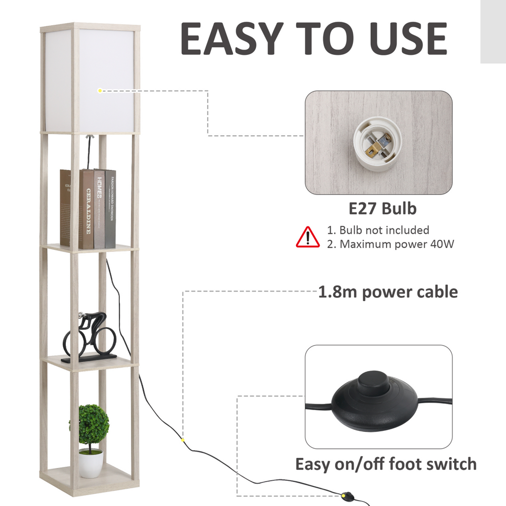 HOMCOM white and oak floor lamp with three storage shelves and E27 bulb, featuring a convenient foot switch.