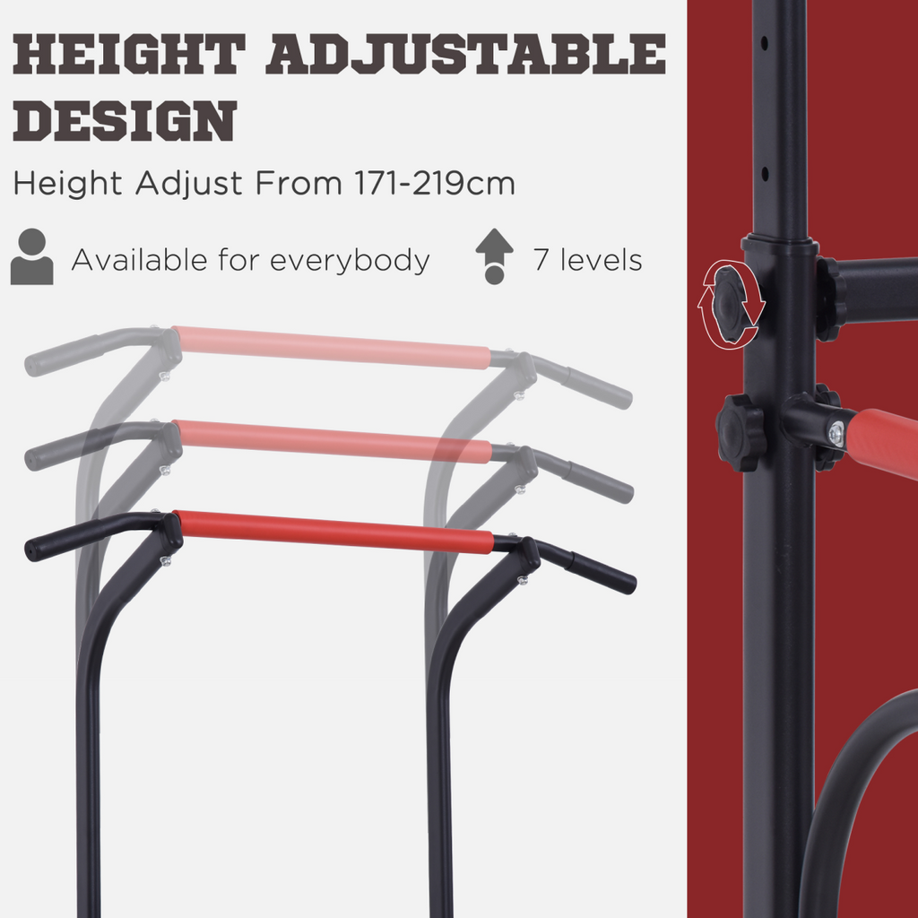 Steel multi-use exercise power tower with adjustable height and grips, ideal for strength training workouts.
