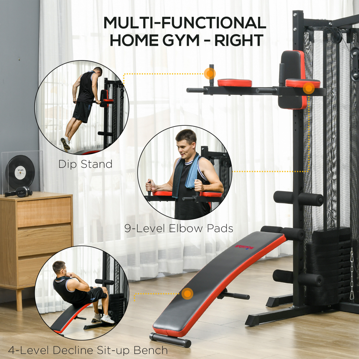 Multi Gym Workout Station with Sit Up Bench, Push Up Stand, Dip Station