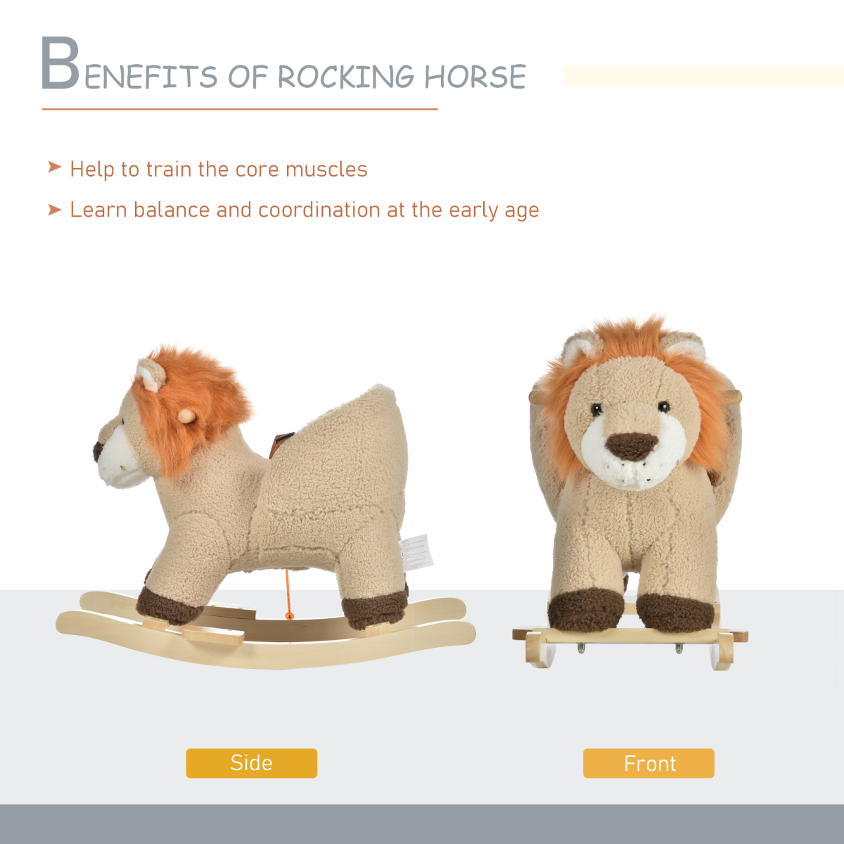 Kids rocking lion plush ride-on toy with sound button and seat belt for ages 18-36 months by FunZone.