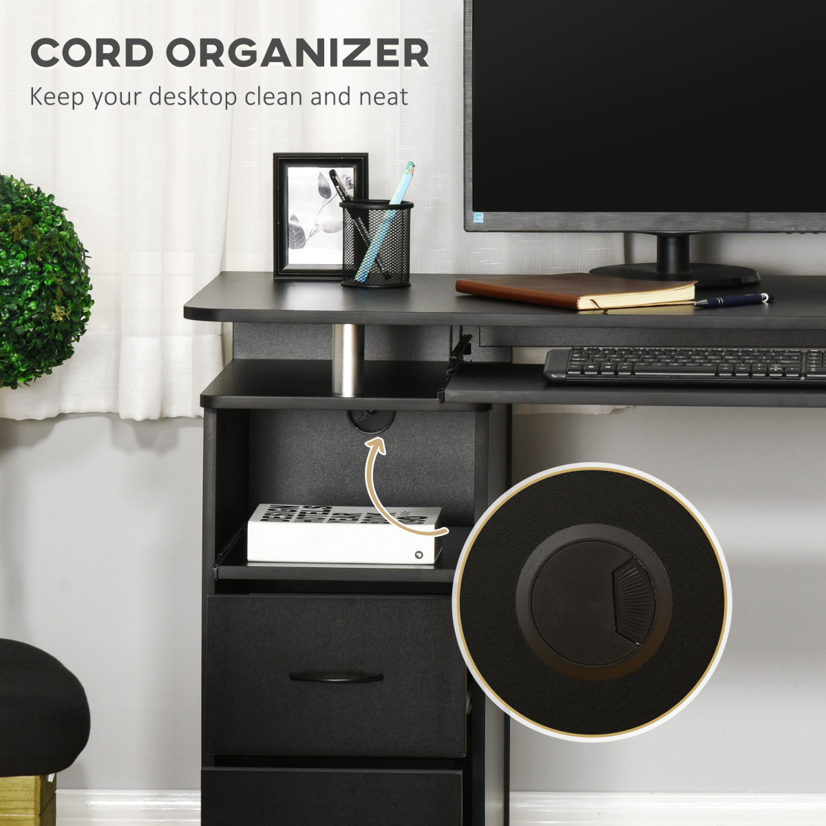 Black Computer Office Desk by HomeCraft featuring a keyboard tray, drawer, and monitor shelf.