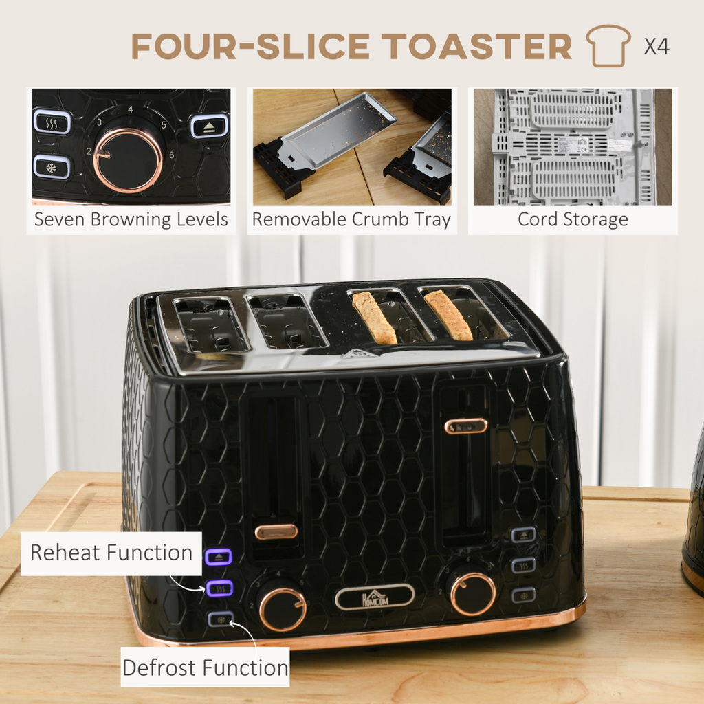 HOMCOM black kettle and 4-slice toaster set showing 7 browning levels on a kitchen countertop.