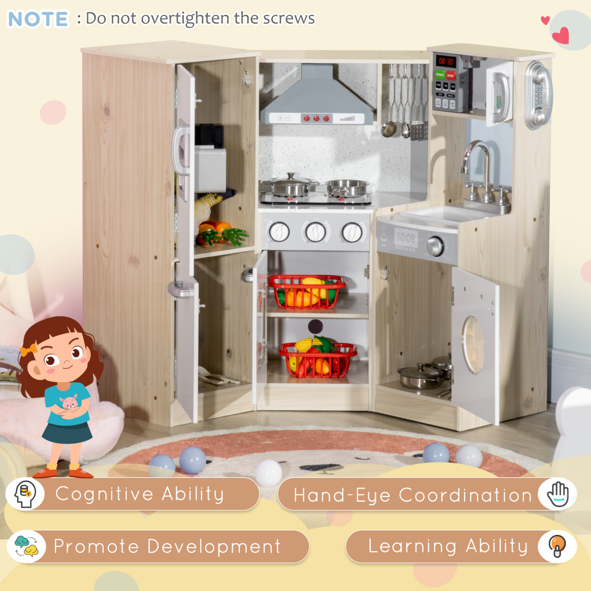 Colorful HOMCOM Corner Kids Kitchen set with sound, light, microwave, oven, and range hood for imaginative play.