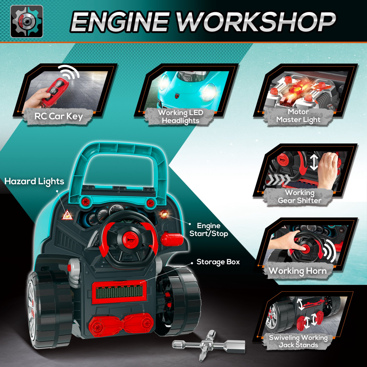 Kids teal green FunZone truck engine toy set with horn, light, and car key for ages 3-5 by HOMCOM.