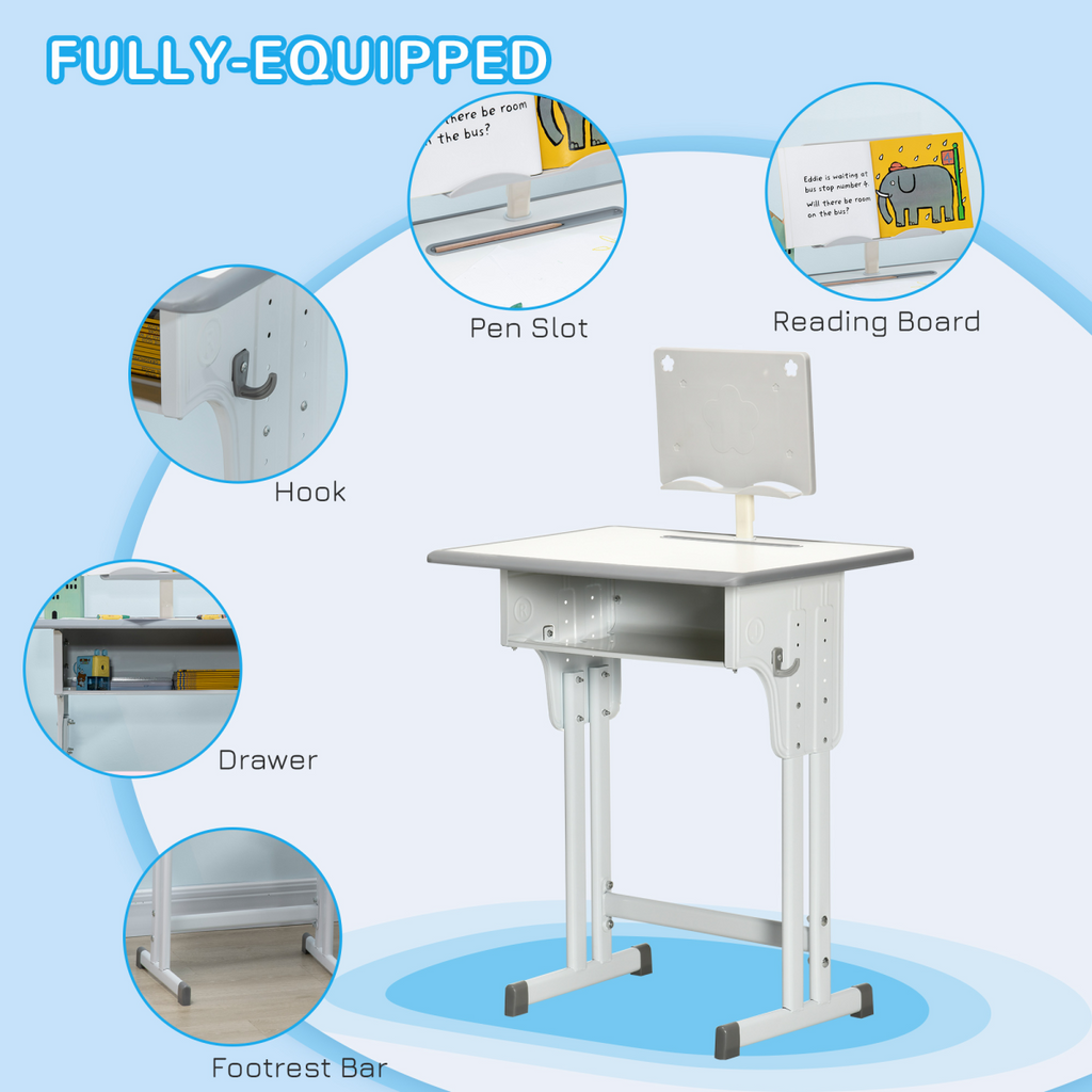 Kids desk and chair set in grey, adjustable height for ages 6-12, featuring a built-in book stand.