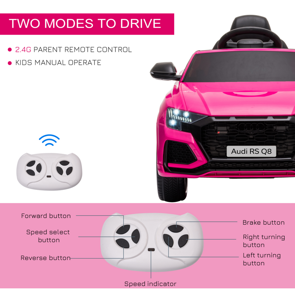 Pink Audi RS Q8 electric ride-on car for kids ages 3-5 with remote control, featuring sleek design and FunZone branding.