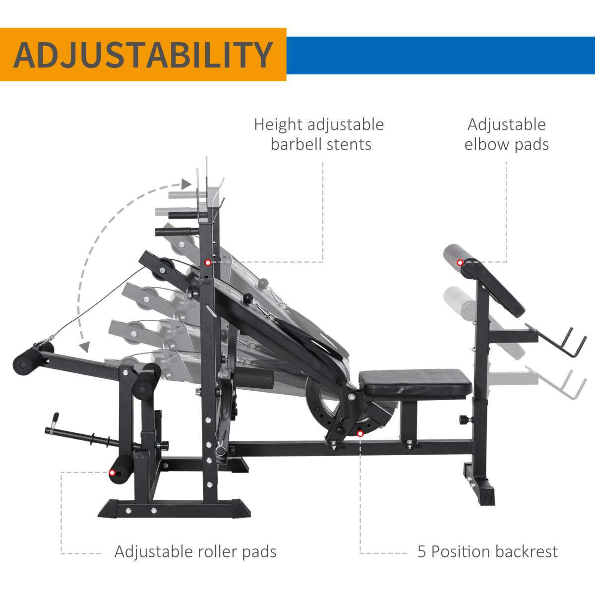 Multi-exercise full-body weight bench with bench press and leg extension, featuring sturdy design and adjustable components.