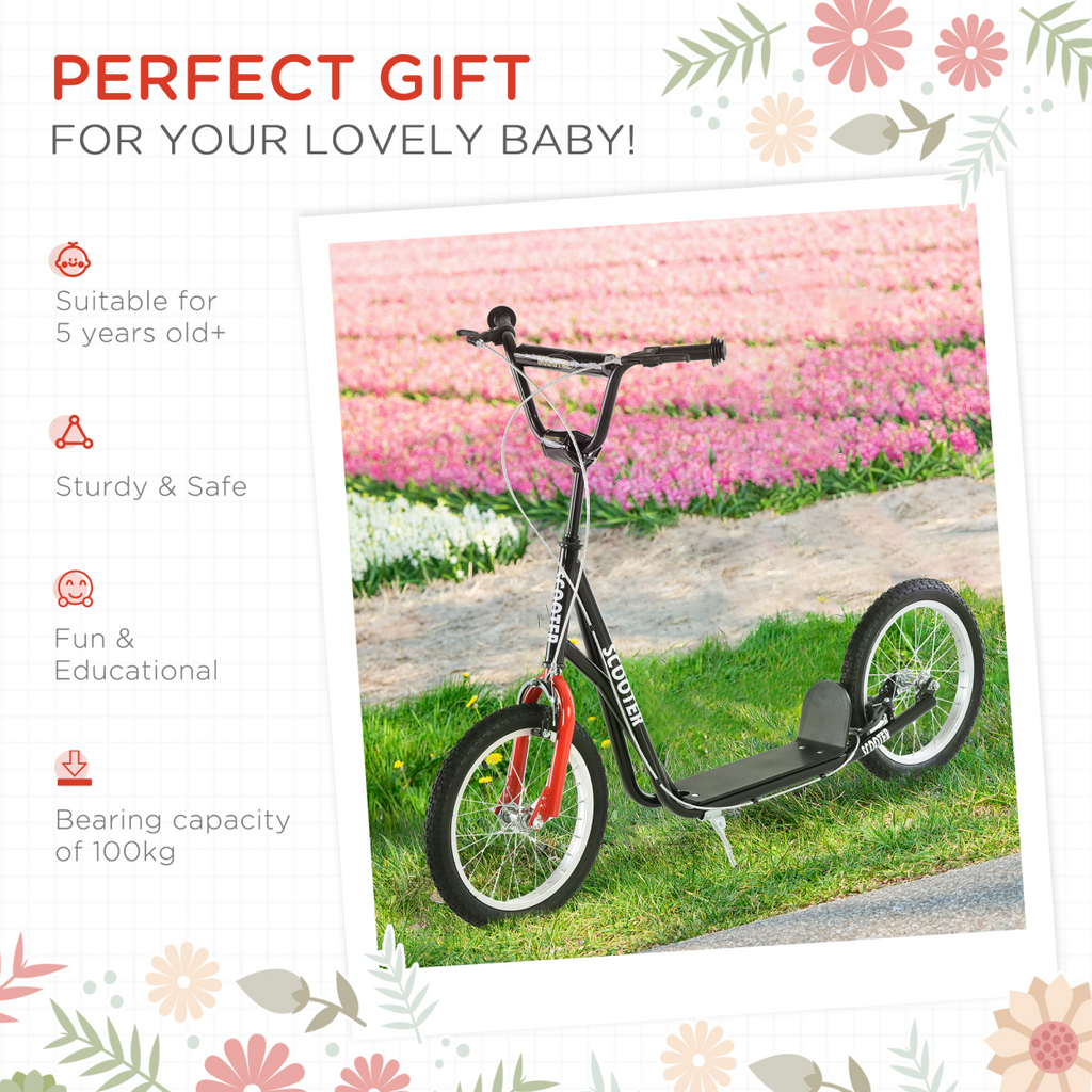 Kids kick scooter with adjustable handlebar and inflatable wheels in black, designed for ages 5 and up.