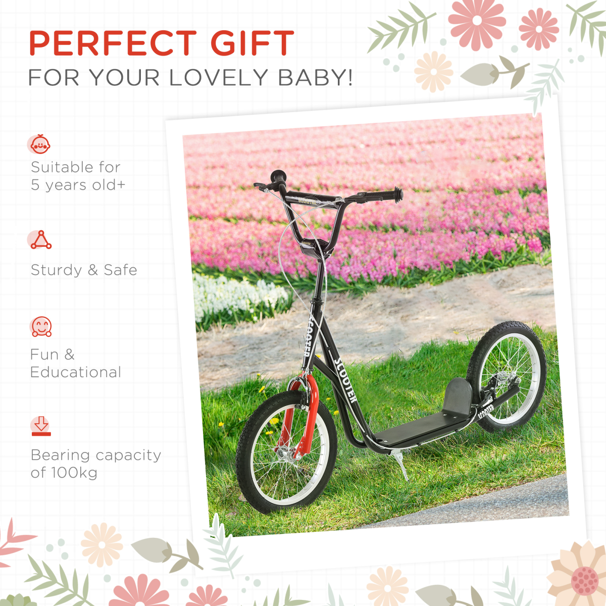 Kids kick scooter with adjustable handlebar and inflatable wheels in black, designed for ages 5 and up.