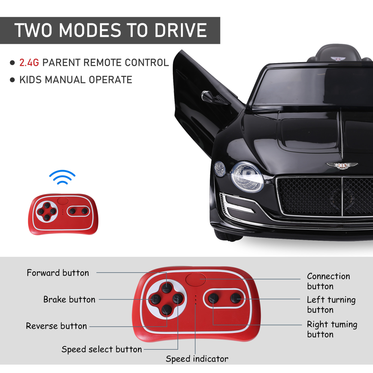 HOMCOM black electric ride-on car with LED lights, music features, and parental remote control for kids.