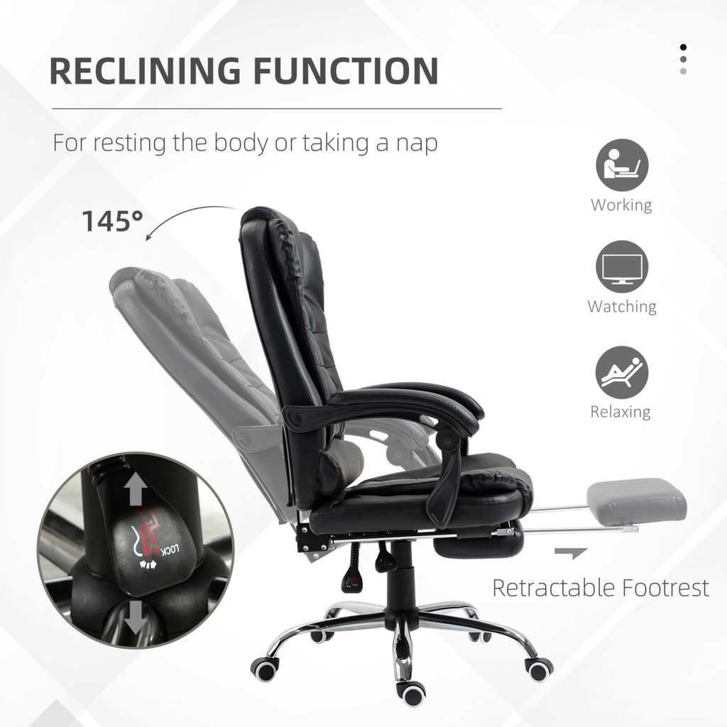 High back HOMCOM office chair in black PU leather with swivel design and integrated footrest.