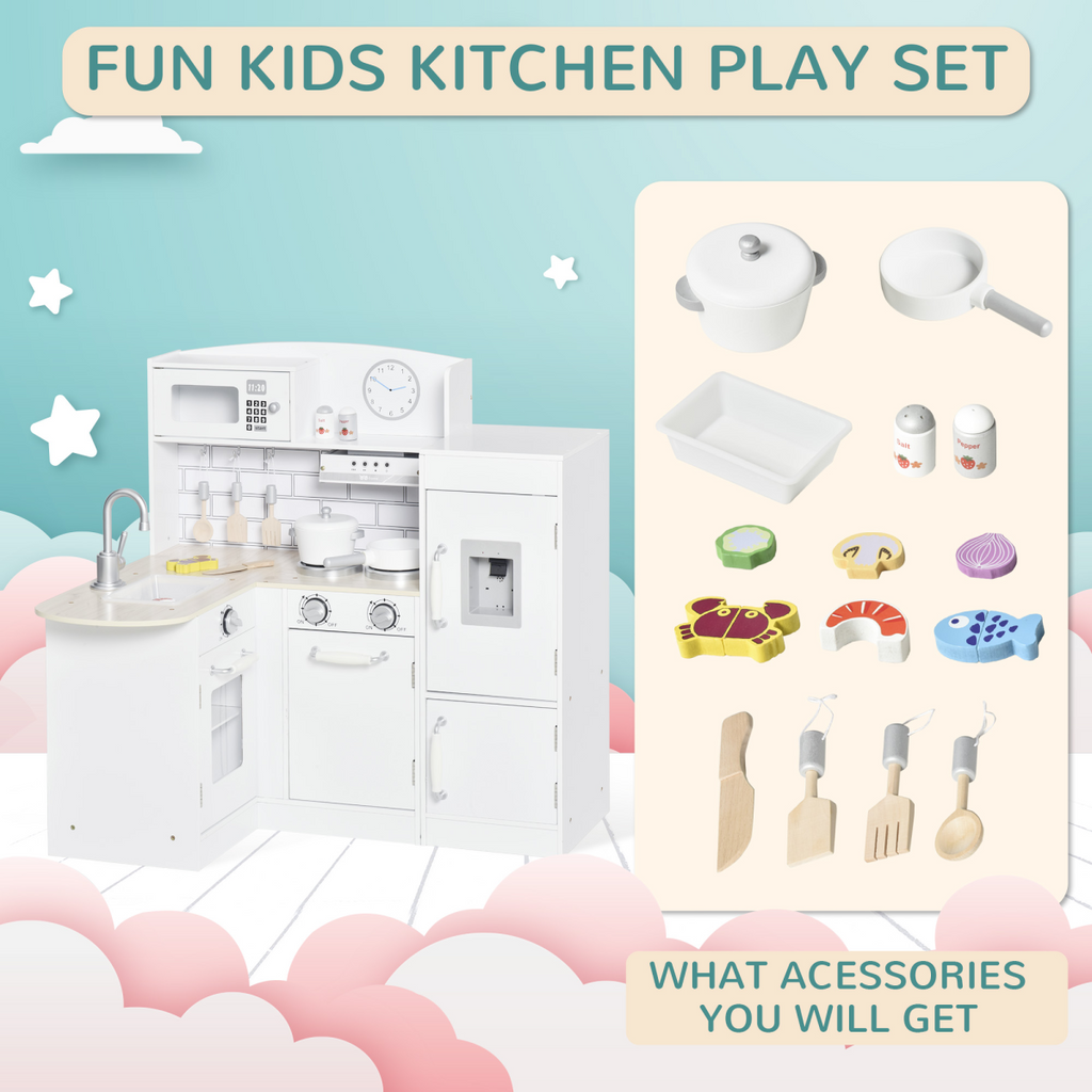 Kids Kitchen Play Kitchen Toy Set by HOMCOM featuring a white drinking fountain and various kitchen accessories.