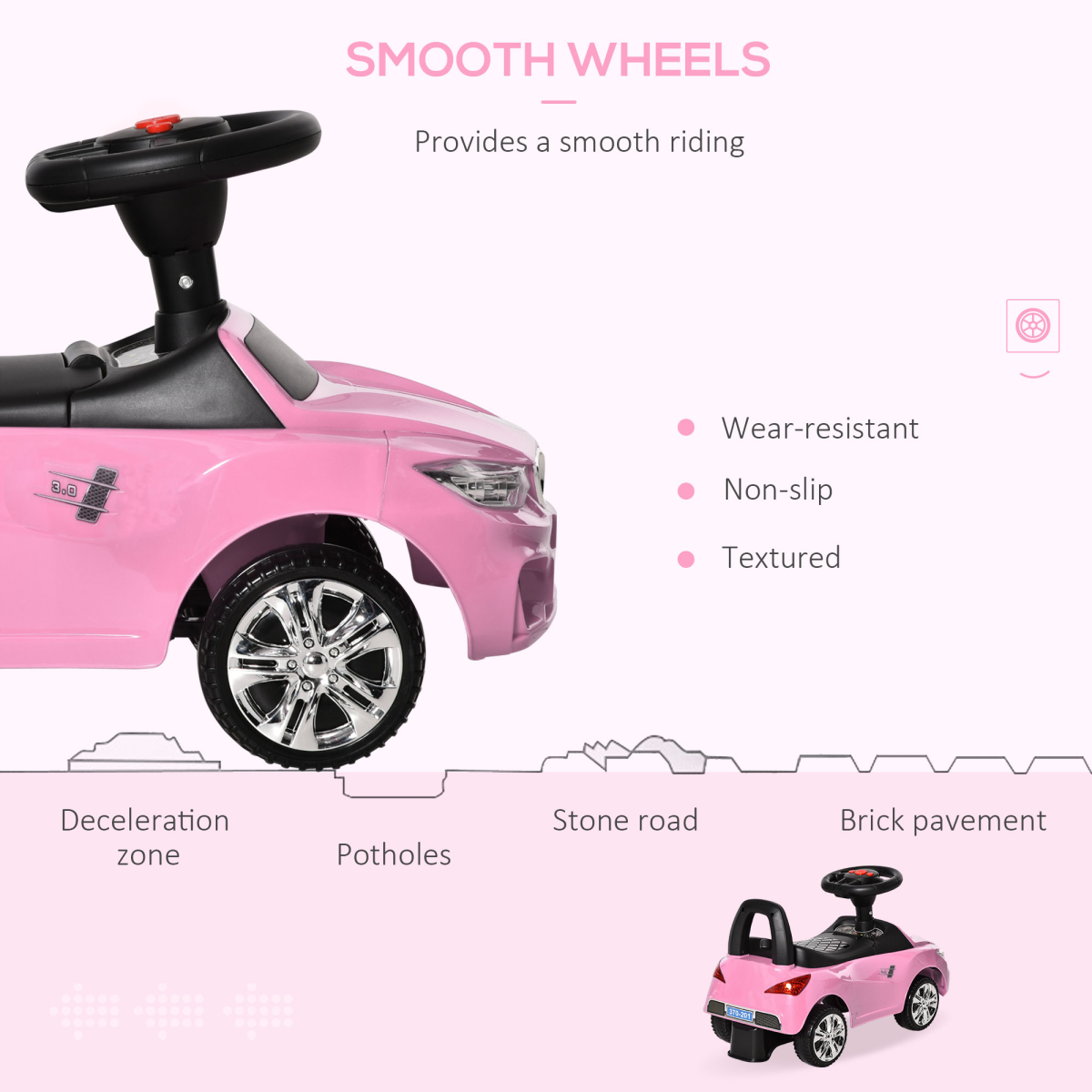 Pink HOMCOM Ride on Car for toddlers, featuring a foot-to-floor design and sliding capability for fun indoor play.