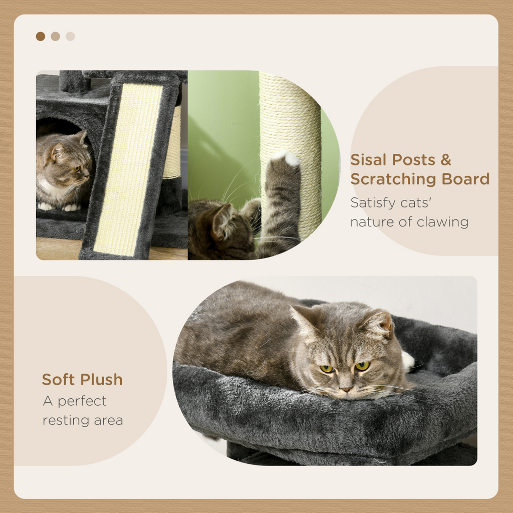 Cat Rest & Play Activity Tree in black with two house perches and scratching post by Pawhut. Ideal for feline playtime.